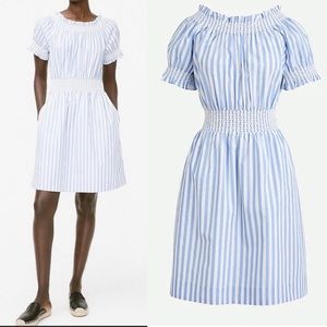 J. Crew Smocked Puff Sleeve Cotton Poplin Dress: Blue White Stripe Nautical
